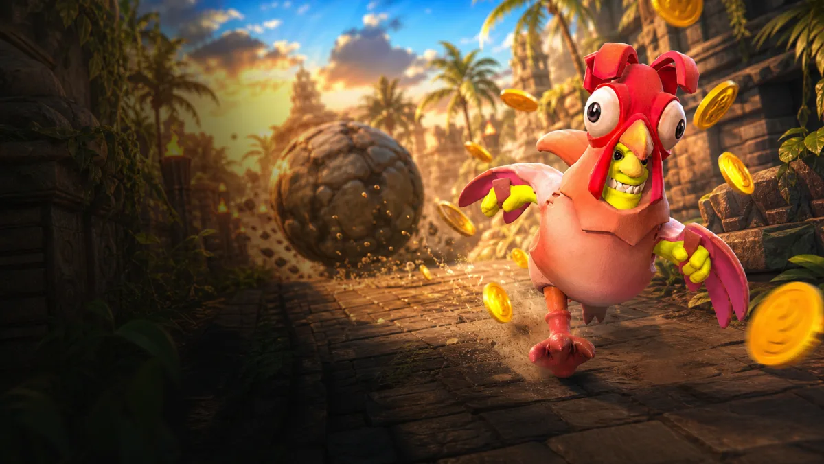 A game hero escaping a rolling stone through a tropical ruin