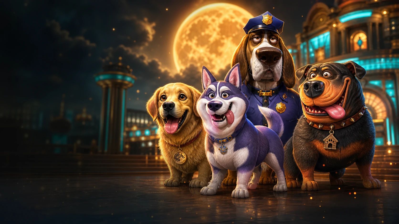 A cinematic ensemble of popular dog game characters under casino lights