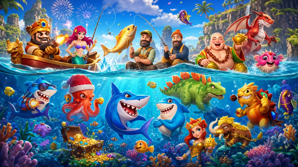 Verified fishing-game heroes and sea creatures in a vivid arcade ocean
