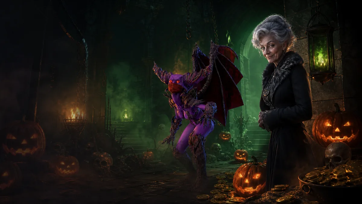 Halloween game characters surrounded by pumpkins and moonlight