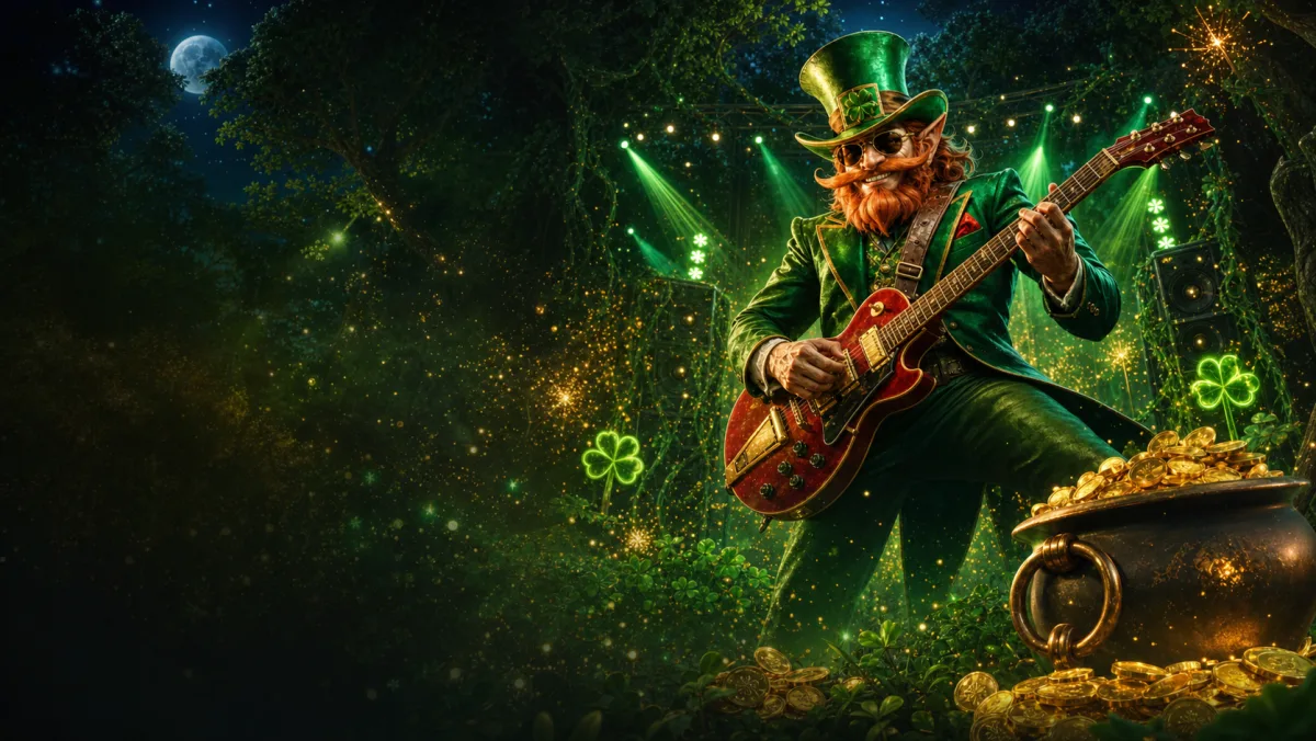 A leprechaun guitarist performing in an emerald game world
