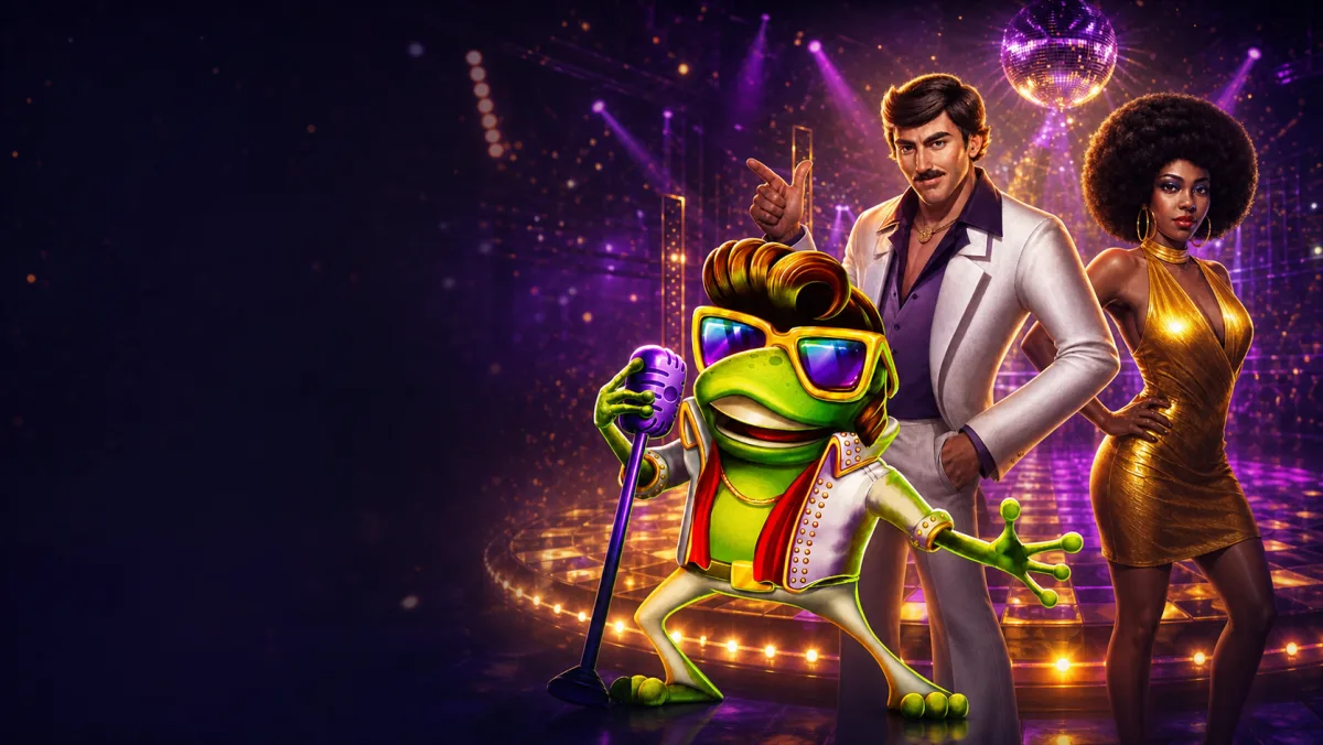 A high-energy game stage with musicians and neon lights