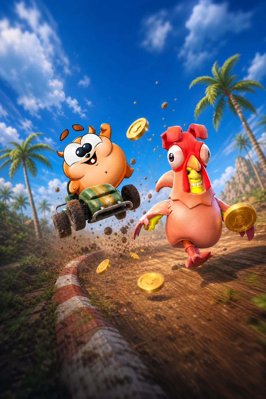 Playful animated game characters in a colorful world