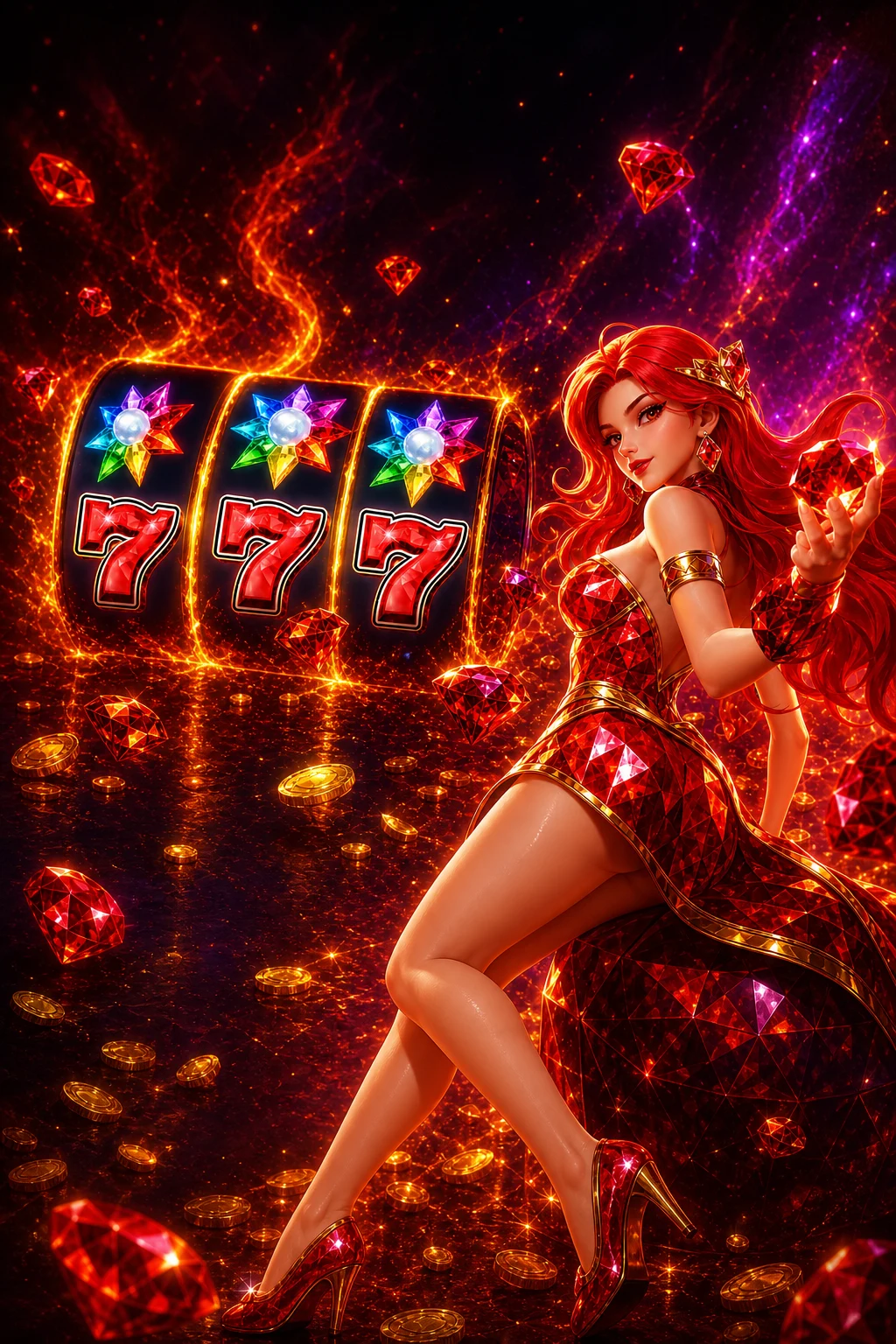 Bright classic slot symbols in a cinematic casino world