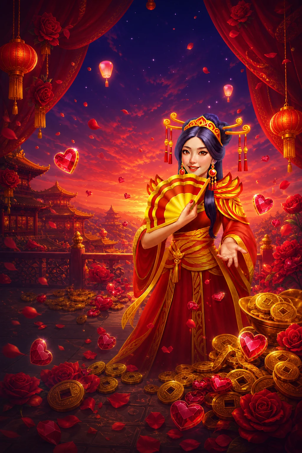 Romantic game characters framed by hearts and neon light