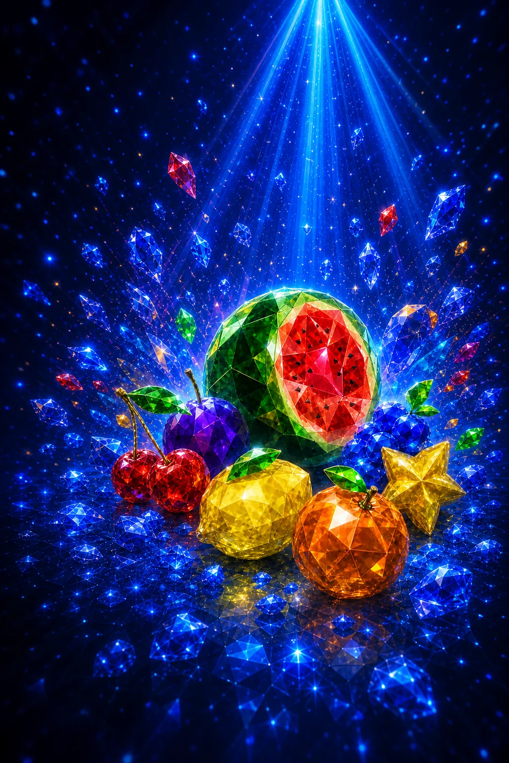 Explosive fruit symbols in a vivid arcade-game world