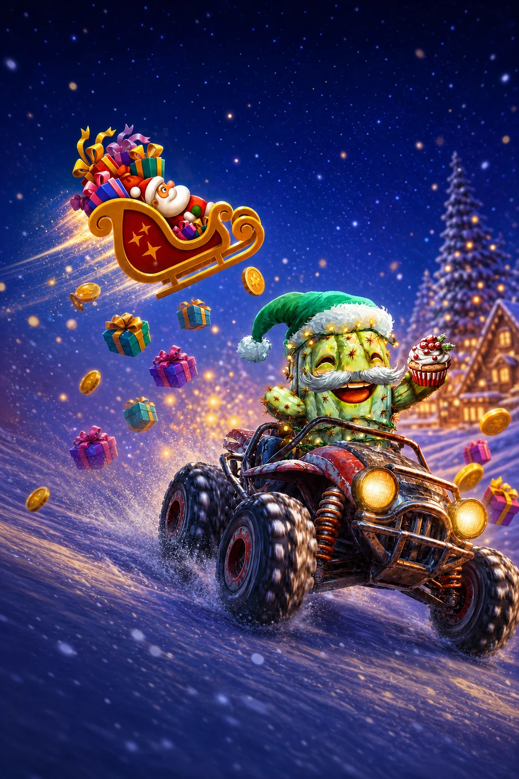 Festive game characters and seasonal lights