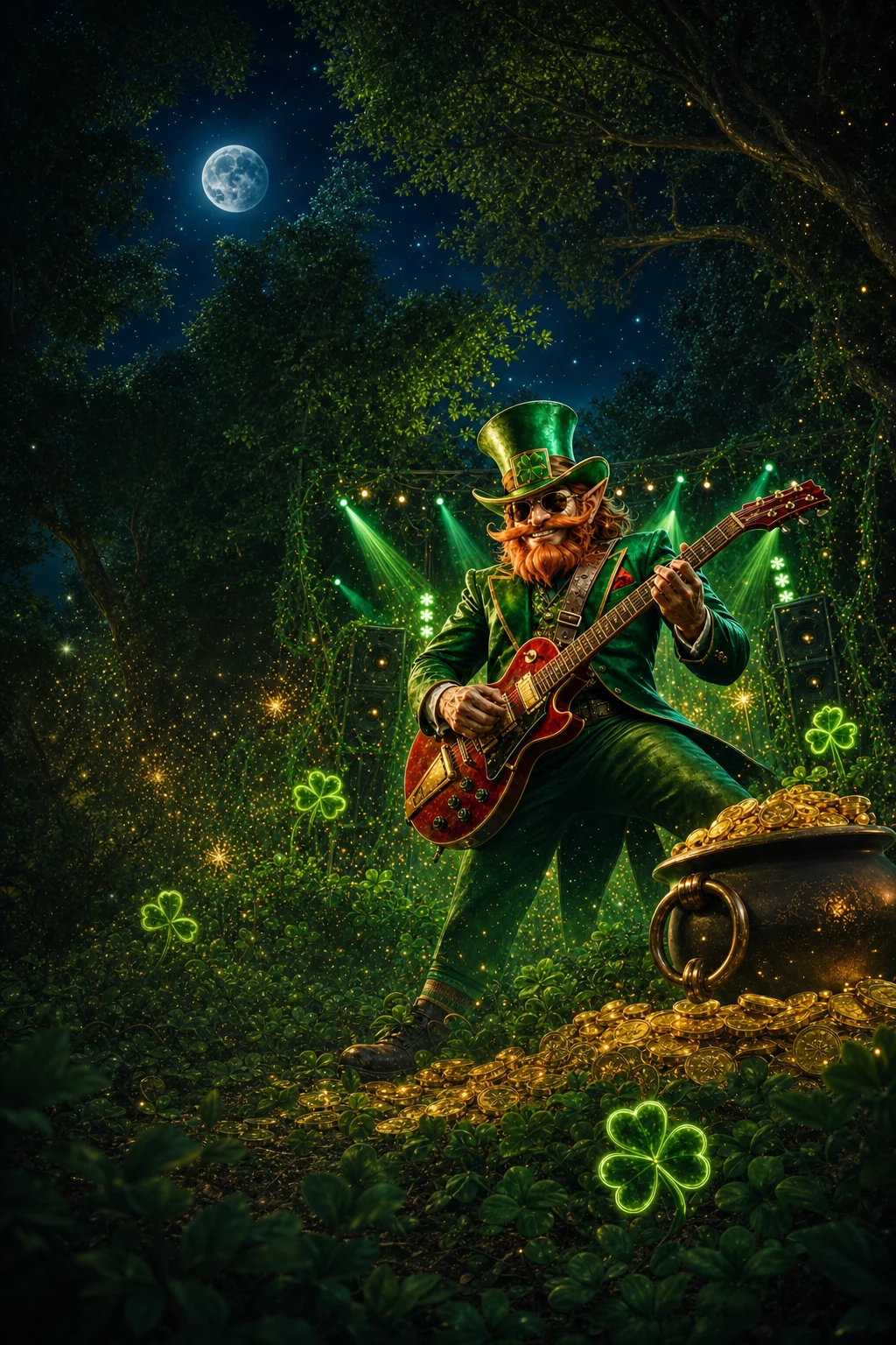 A leprechaun guitarist performing in an emerald game world