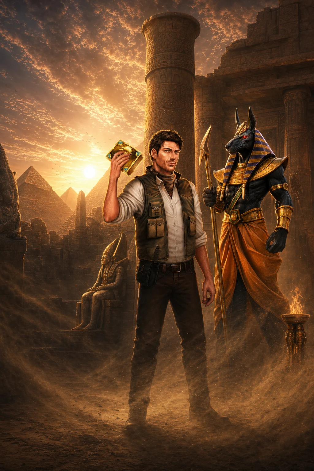 An Egyptian guardian in a gold desert temple world