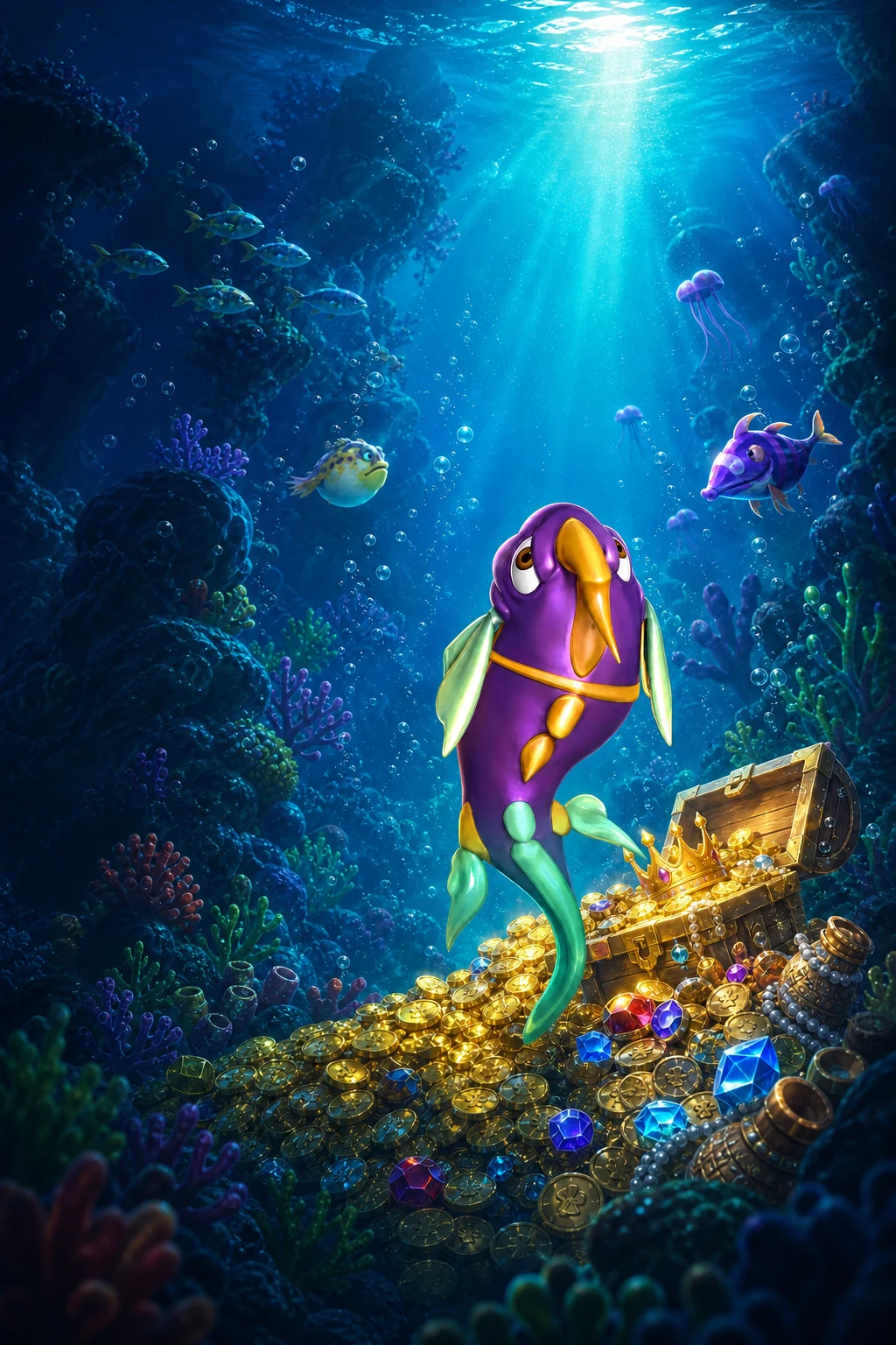 An underwater game hero exploring a luminous ocean world