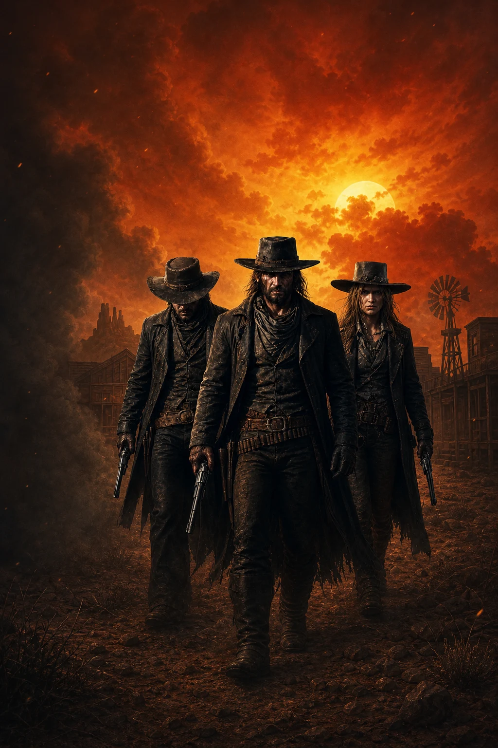 Three black-clad outlaws in a cinematic western game world