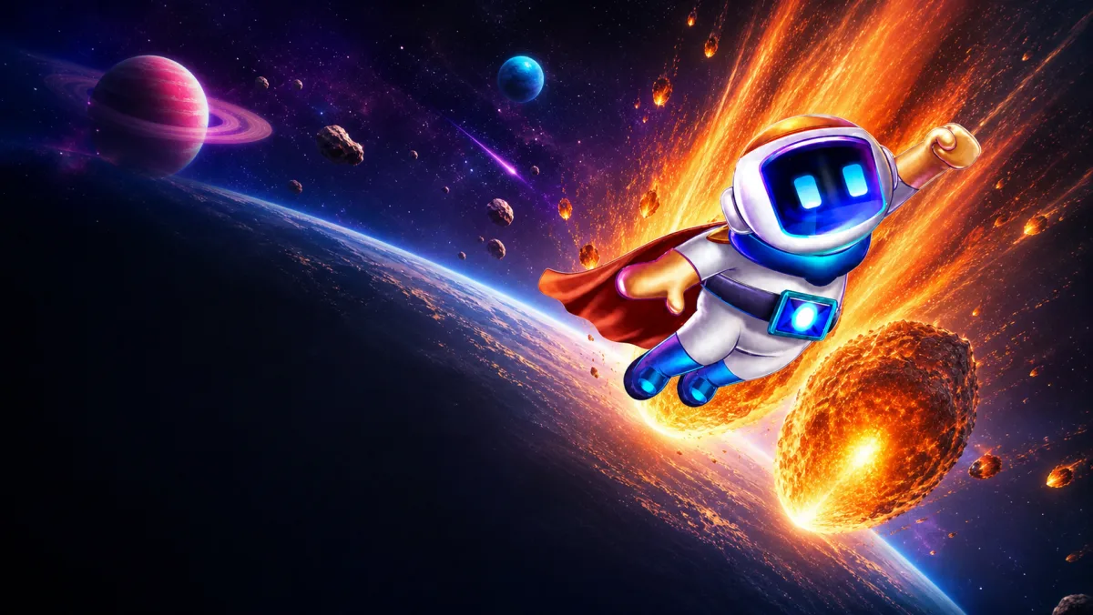A small astronaut racing past a fiery meteor in space
