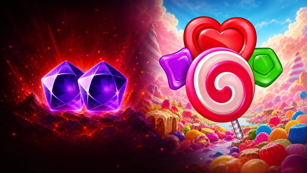 Candy, gemstones and glowing rewards in a colorful game world