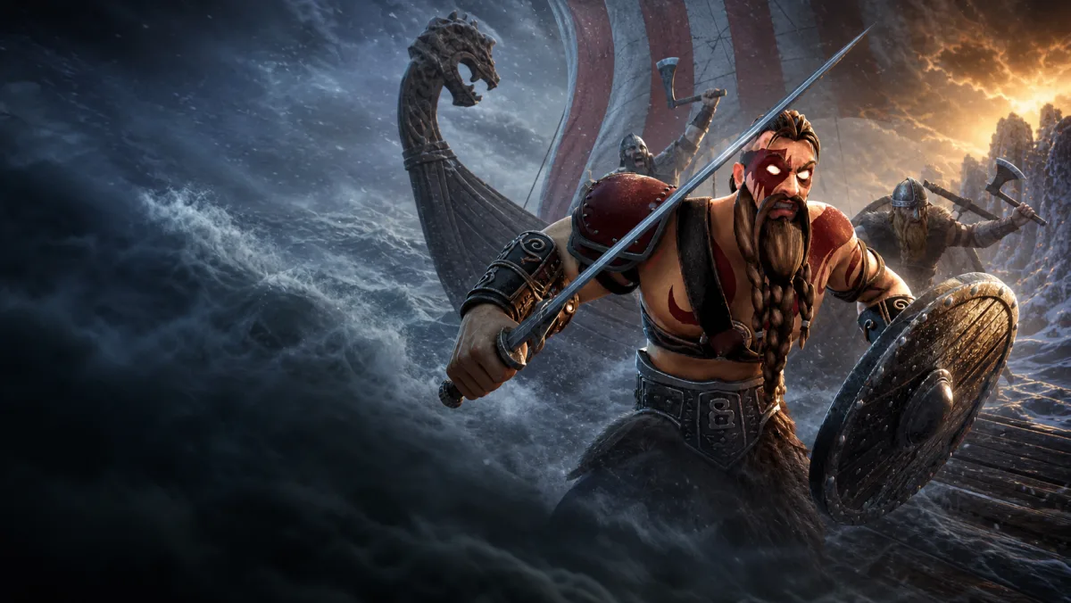 Viking warriors crossing a stormy Nordic game world